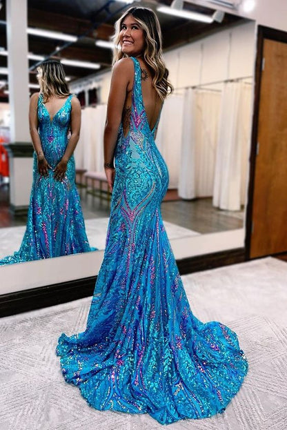 Sexy Charming Mermaid V Neck Blue Sequined Lace Long Ball Gown