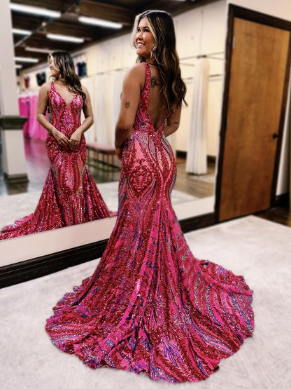 Sexy Charming Mermaid V Neck Blue Sequined Lace Long Ball Gown