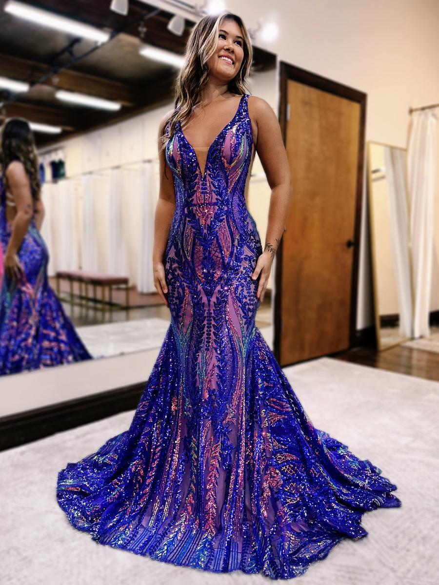 Sexy Charming Mermaid V Neck Blue Sequined Lace Long Ball Gown