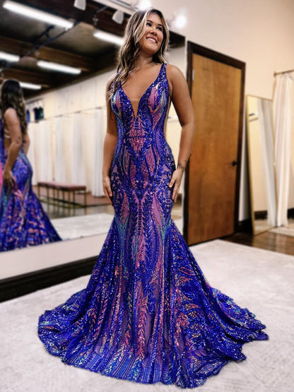 Sexy Charming Mermaid V Neck Blue Sequined Lace Long Ball Gown
