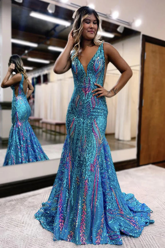 Sexy Charming Mermaid V Neck Blue Sequined Lace Long Ball Gown