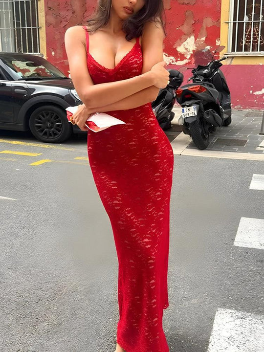 Red lace bodycon maxi dress blends evening dress