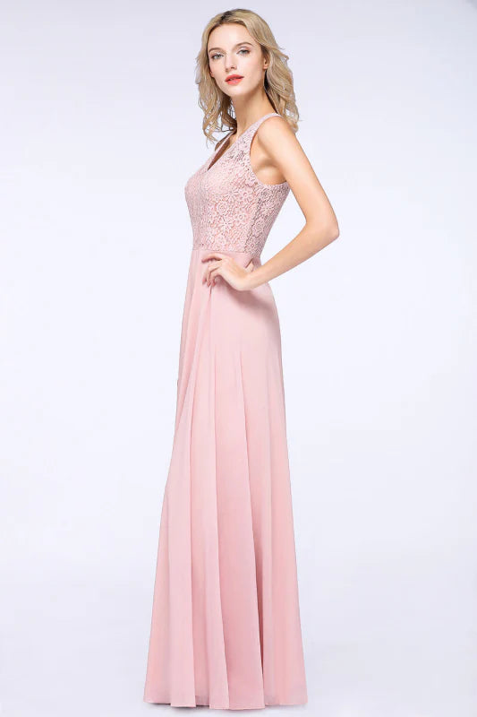 V-Neck Lace Aline Bridesmaid Dresses Chiffon