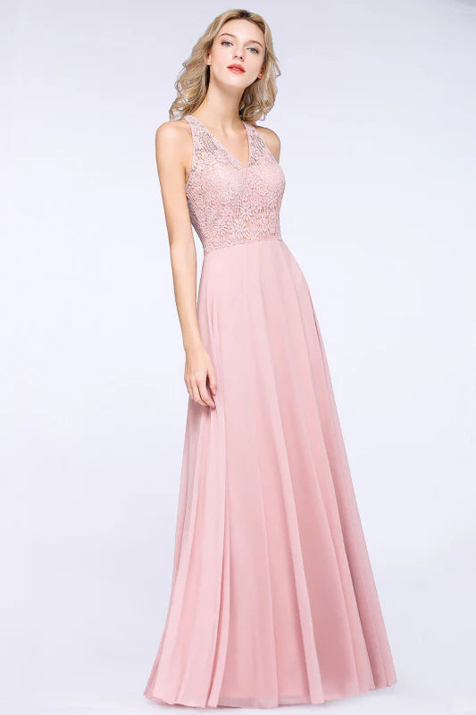 V-Neck Lace Aline Bridesmaid Dresses Chiffon