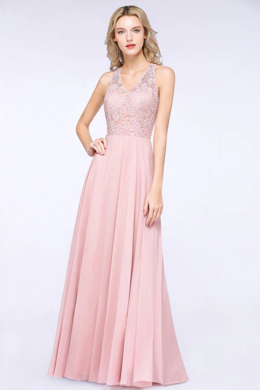 V-Neck Lace Aline Bridesmaid Dresses Chiffon