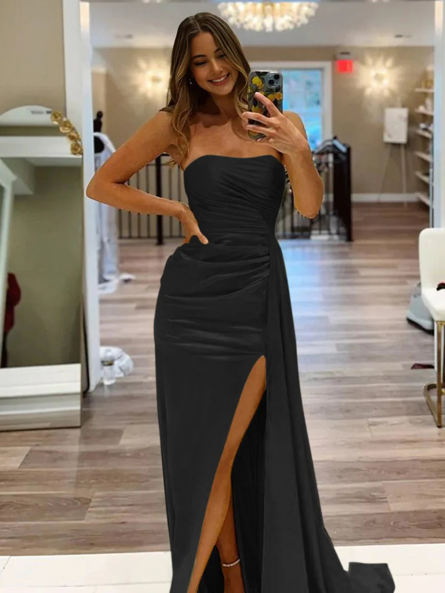 Mermaid Strapless Satin Long Prom Dresses With Split