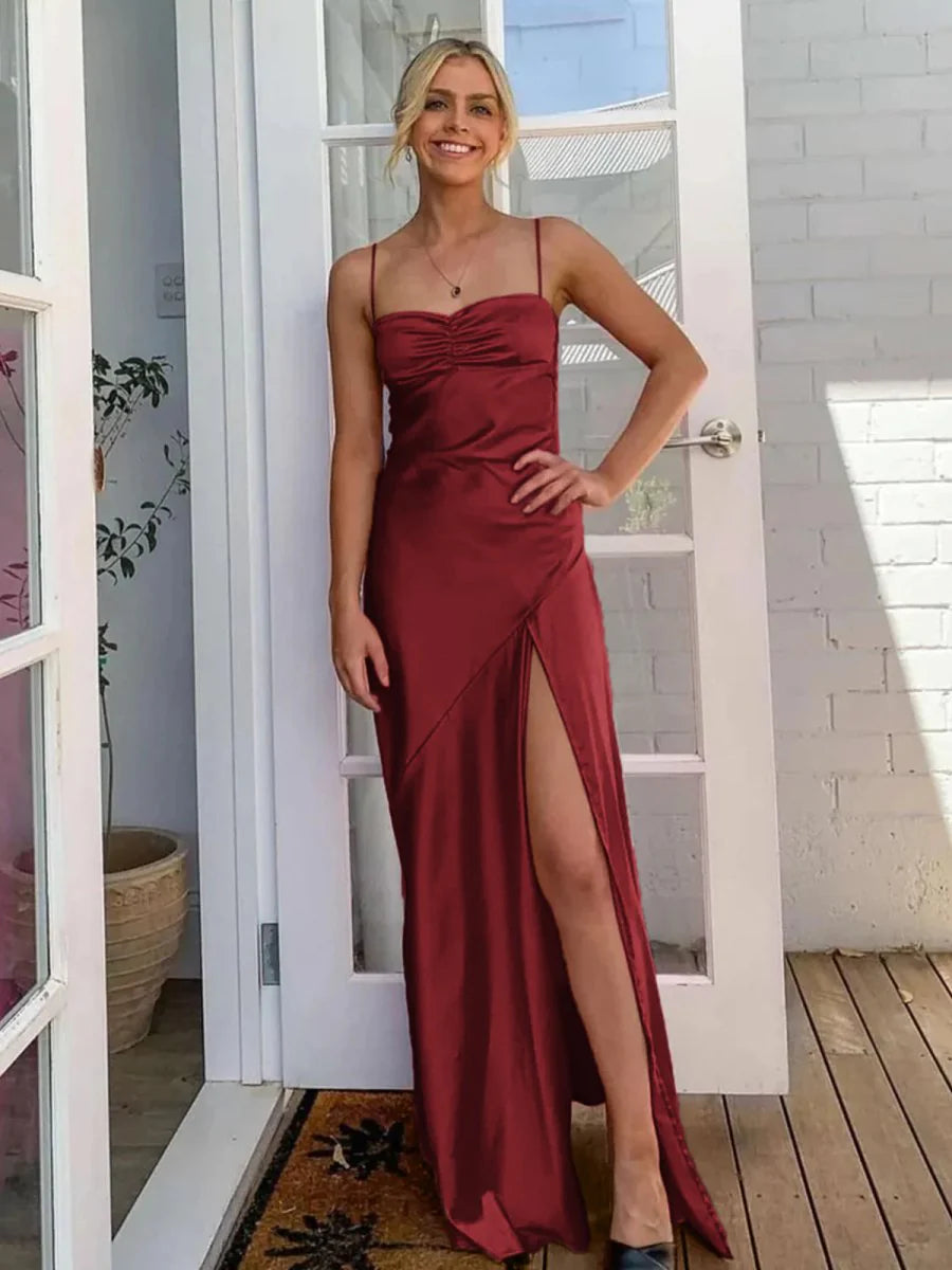Spaghetti Straps Sheath Long Prom Dresses With Split
