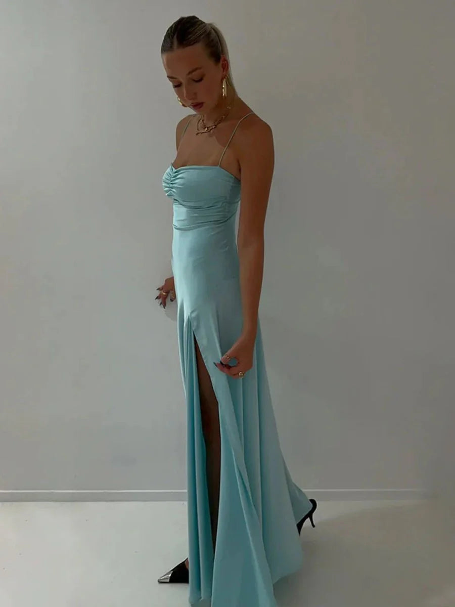 Spaghetti Straps Sheath Long Prom Dresses With Split