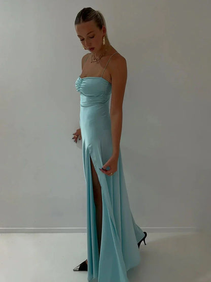 Spaghetti Straps Sheath Long Prom Dresses With Split
