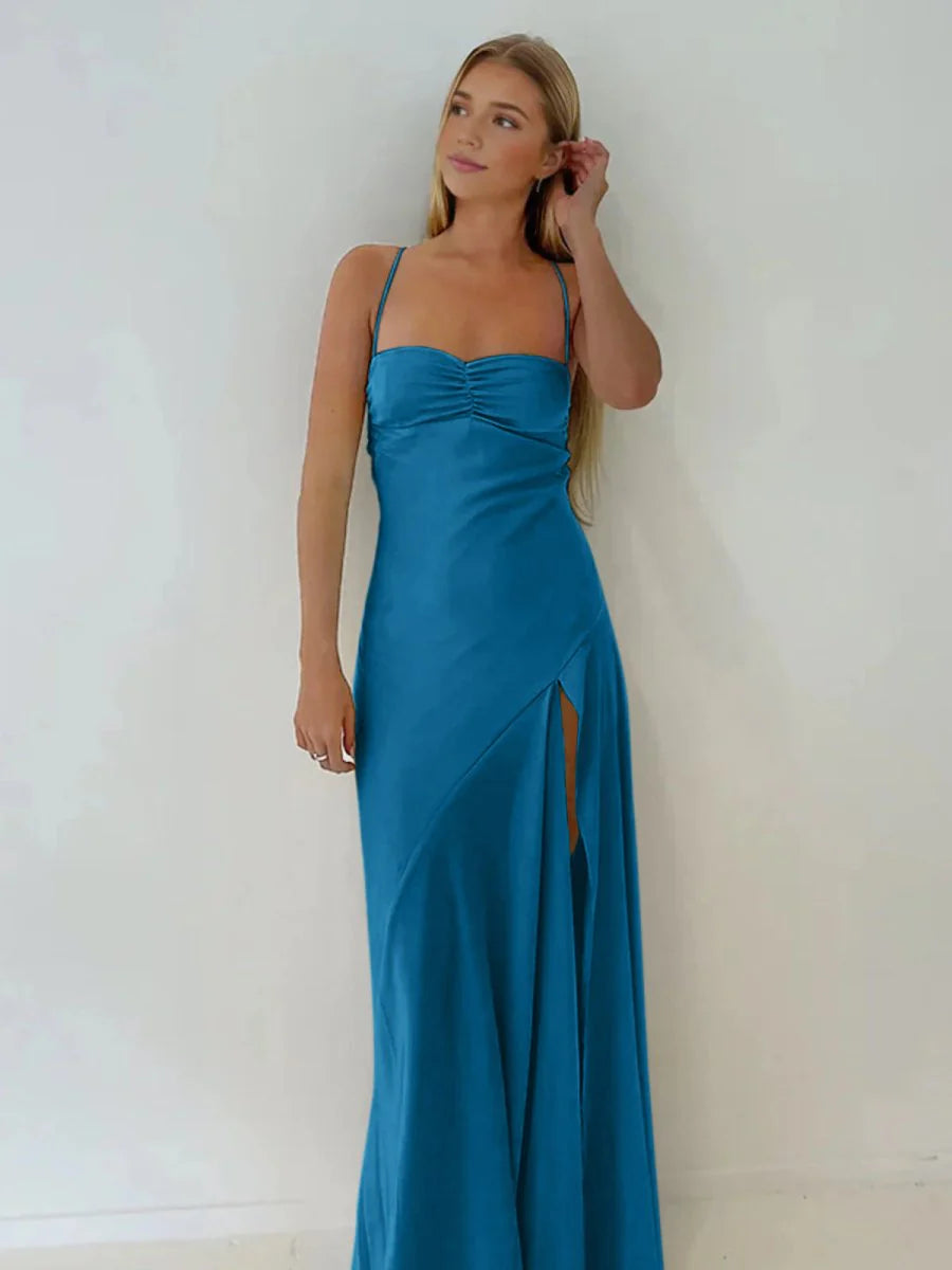 Spaghetti Straps Sheath Long Prom Dresses With Split