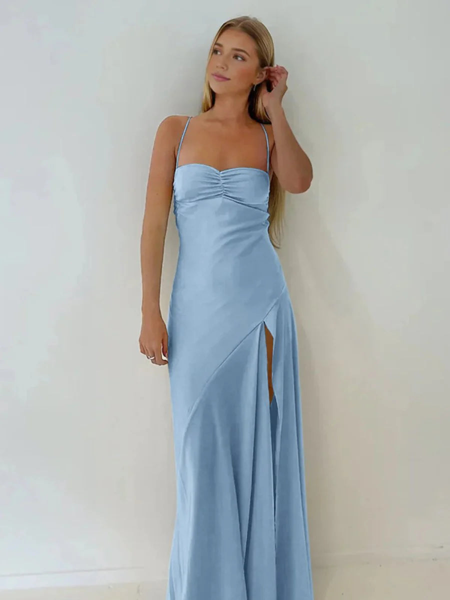 Spaghetti Straps Sheath Long Prom Dresses With Split