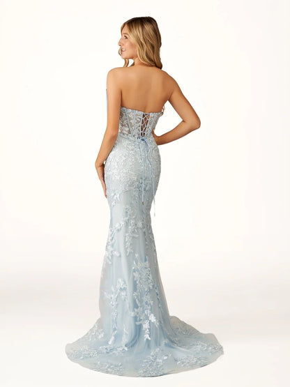 Strapless Mermaid Lace Appliques Long Prom Dress
