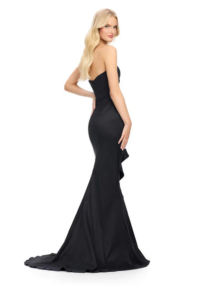 Elegant fitted pleated small train slit strapless evening dress with side ruffles