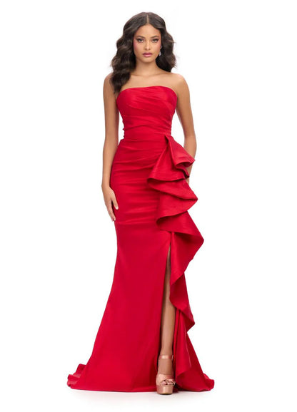 Elegant fitted pleated small train slit strapless evening dress with side ruffles