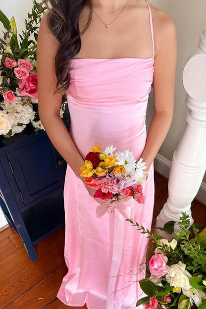 A Line Spaghetti Straps Pink Long Prom Dress with Backless