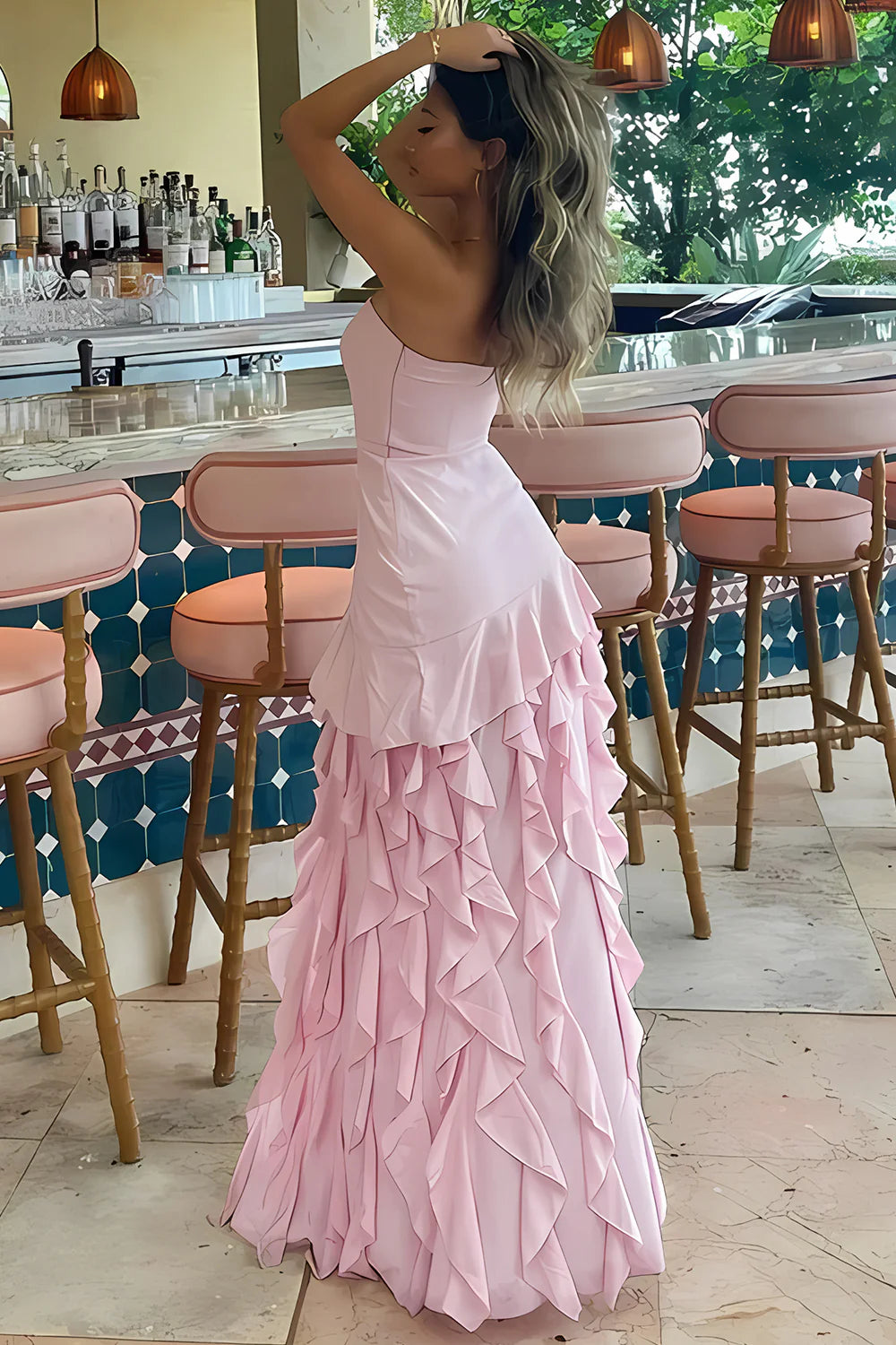 Sheath Strapless Pink Long Prom Dress with Ruffles