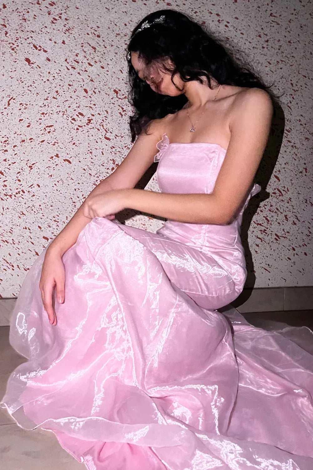 Mermaid Strapless Pink Long Prom Dress with Ruffles