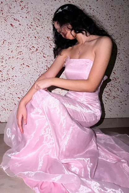 Mermaid Strapless Pink Long Prom Dress with Ruffles