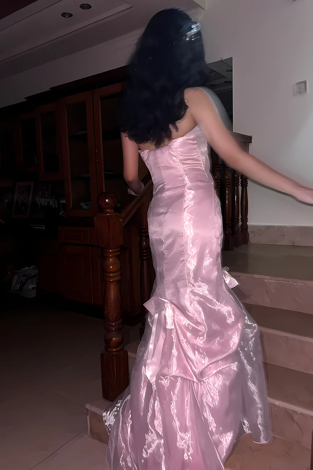 Mermaid Strapless Pink Long Prom Dress with Ruffles