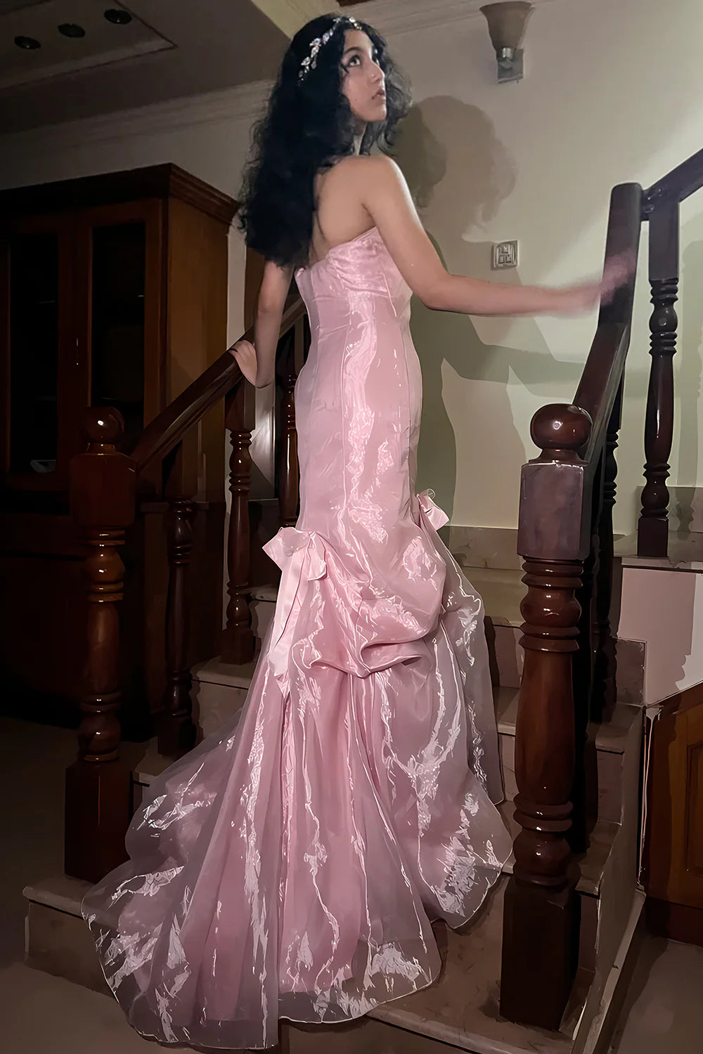 Mermaid Strapless Pink Long Prom Dress with Ruffles