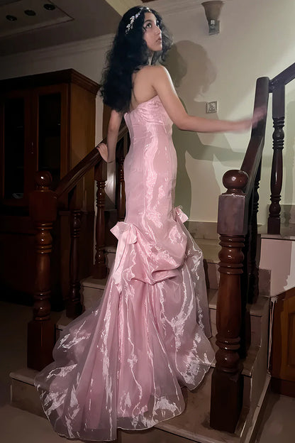 Mermaid Strapless Pink Long Prom Dress with Ruffles