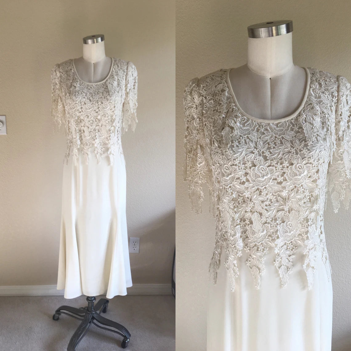 Vintage Lace Mid Calf Length Cream Lace Mother of the Bride Dresse