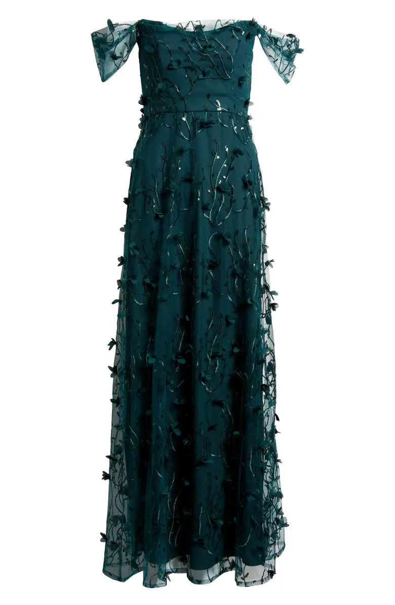 3D Embroidered Off the Shoulder Gown