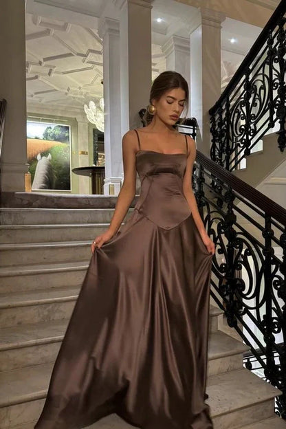 A Line Spaghetti Straps Brown Party Dress with Ruffles