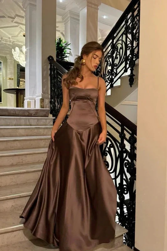 A Line Spaghetti Straps Brown Party Dress with Ruffles
