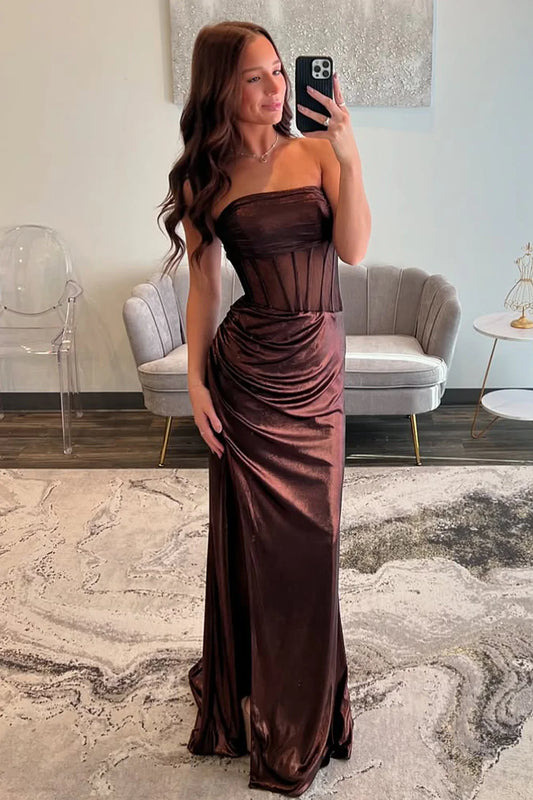 Mermaid Strapless Long Brown Metallic Prom Dress with Leg Slit