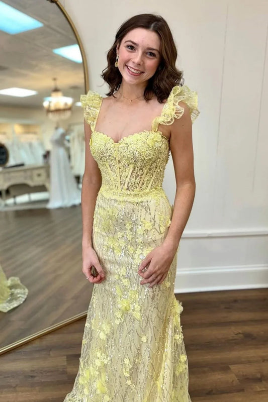 Yellow Mermaid Long Glitter Prom Party Dress with Appliques