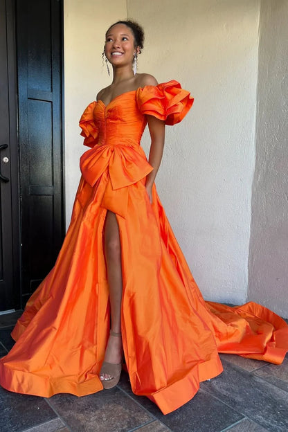 Orange A-Line Off The Shoulder Long Satin Prom Dress