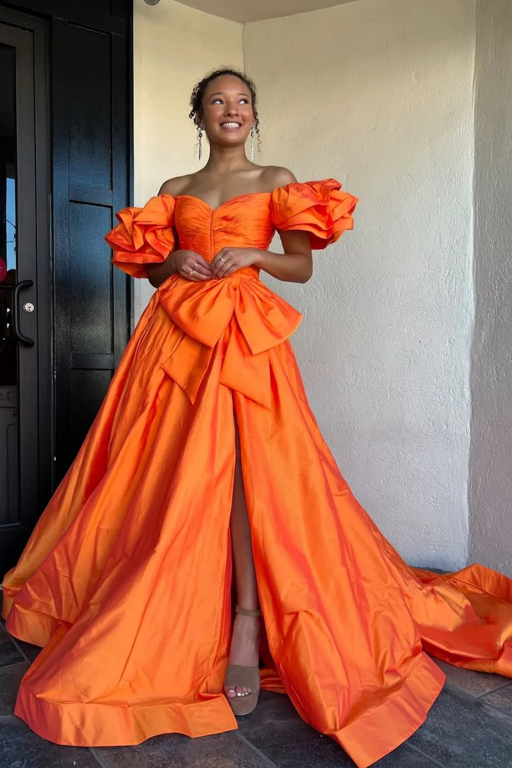 Orange A-Line Off The Shoulder Long Satin Prom Dress