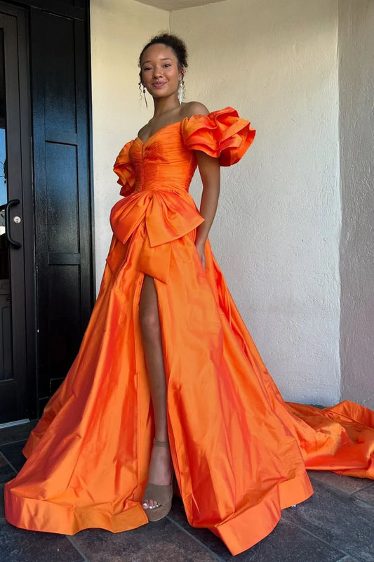 Orange A-Line Off The Shoulder Long Satin Prom Dress
