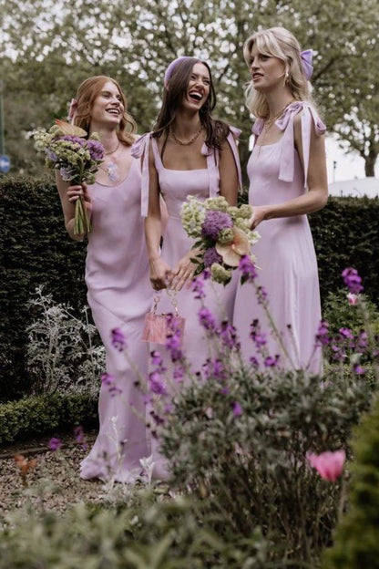 A Line Spaghetti Straps Pink Long Bridesmaid Dress with Bowknot