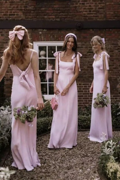 A Line Spaghetti Straps Pink Long Bridesmaid Dress with Bowknot
