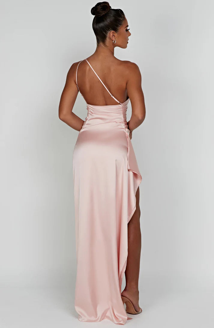 Sexy Soft Satin One Shoulder Sleeveless Side Slit Mermaid Maxi Prom Dress With Ruffle