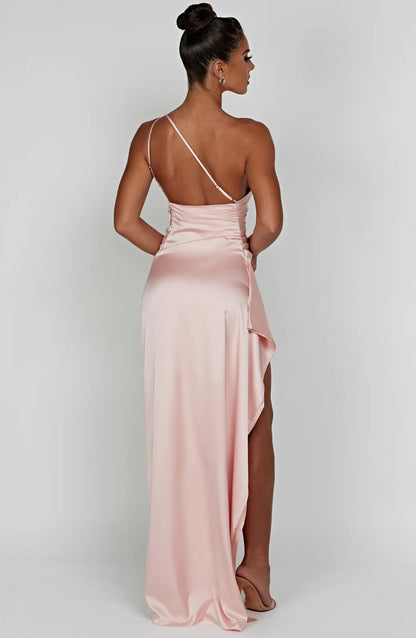 Sexy Soft Satin One Shoulder Sleeveless Side Slit Mermaid Maxi Prom Dress With Ruffle