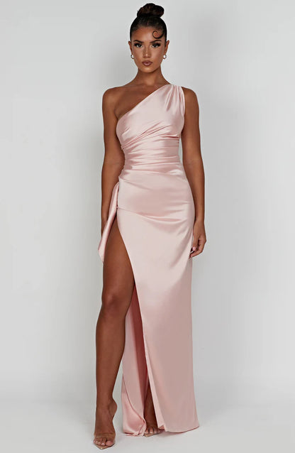 Sexy Soft Satin One Shoulder Sleeveless Side Slit Mermaid Maxi Prom Dress With Ruffle