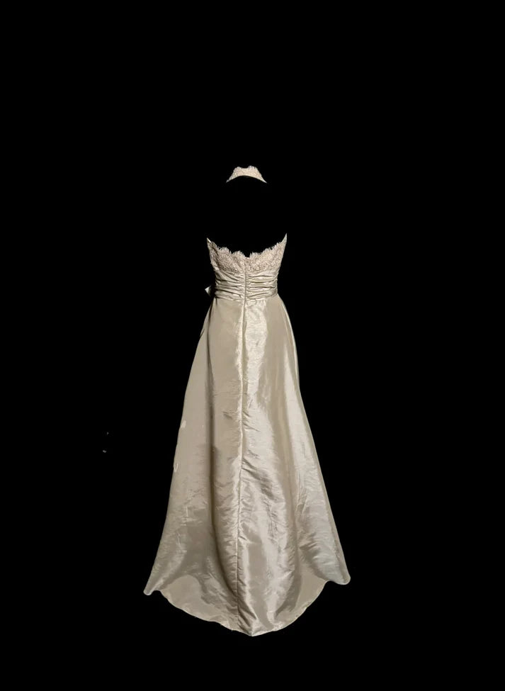 A line V Neckline Champagne Lace Prom Gown Fairy Prom Dresses