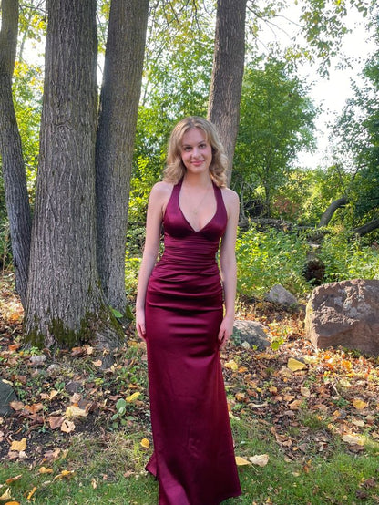 Sheath Halter V Neckline Burgundy Satin Slit Party Dress Long Prom Dresses