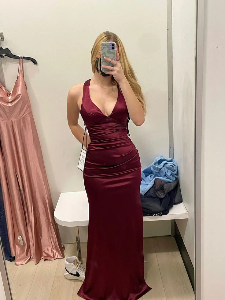 Sheath Halter V Neckline Burgundy Satin Slit Party Dress Long Prom Dresses