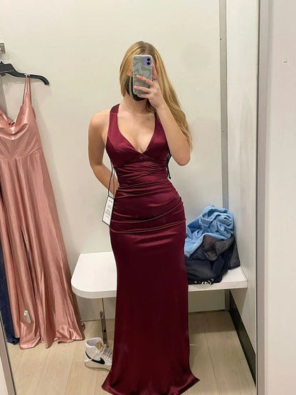 Sheath Halter V Neckline Burgundy Satin Slit Party Dress Long Prom Dresses