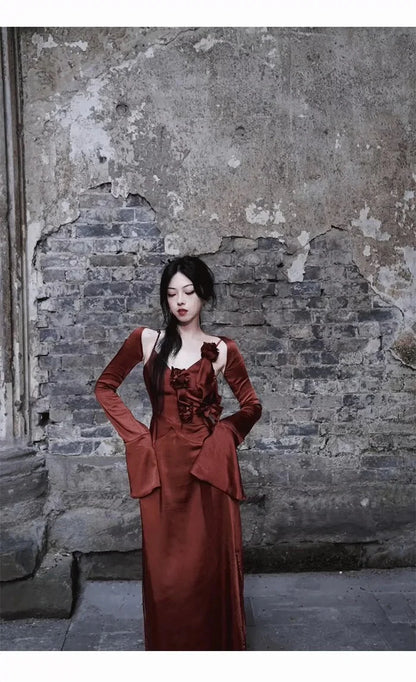 A line Spaghetti Straps Burgundy Floral Long Prom Dresses Birthday Dress