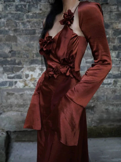 A line Spaghetti Straps Burgundy Floral Long Prom Dresses Birthday Dress