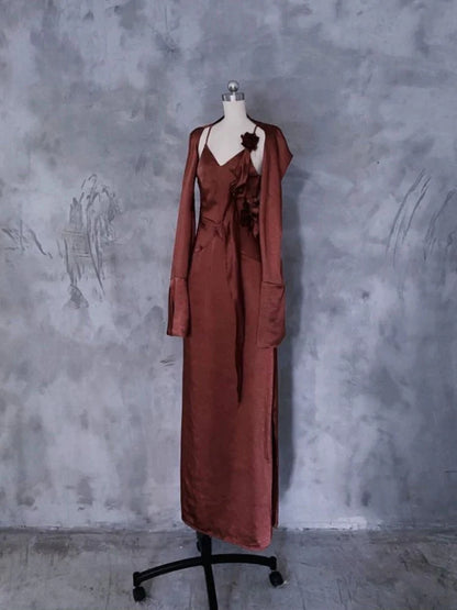 A line Spaghetti Straps Burgundy Floral Long Prom Dresses Birthday Dress