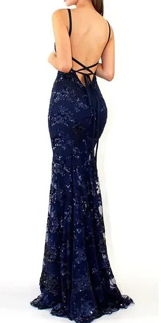 Navy Blue Mermaid Tulle and Sequins Long Formal Prom Dress with V neckline and Lace up back