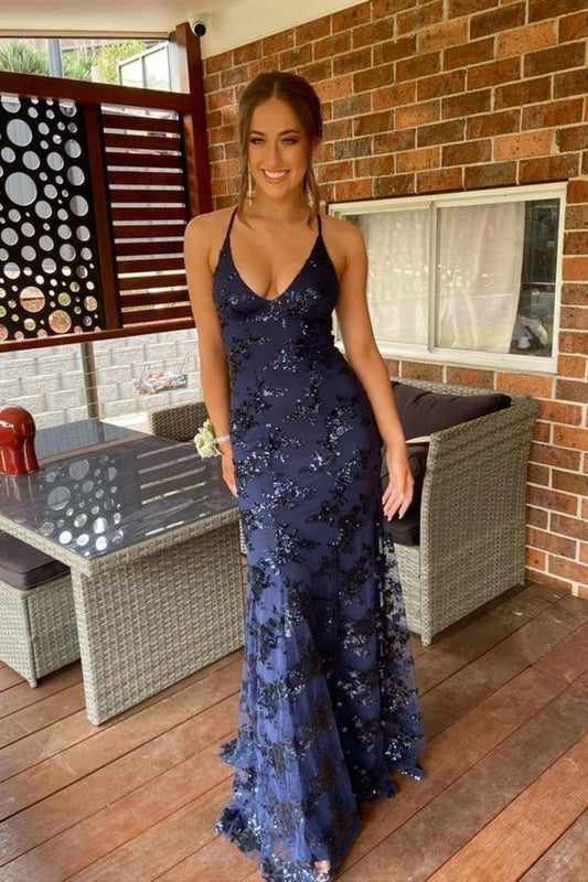 Navy Blue Mermaid Tulle and Sequins Long Formal Prom Dress with V neckline and Lace up back