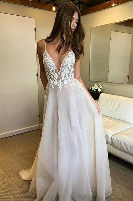 Deep V-neck Spaghetti Straps Lace Appliqued Beach Wedding Dress