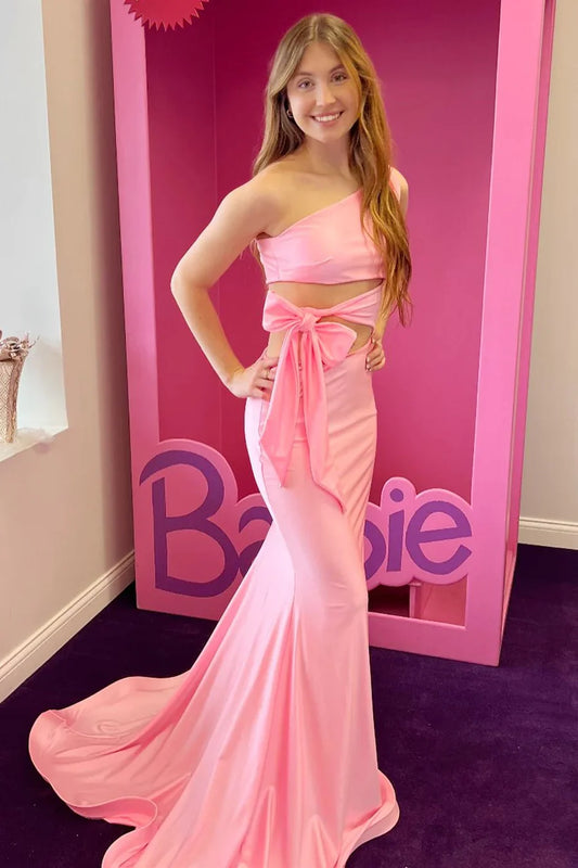 Pink One-Shoulder Mermaid Satin Long Party Dresses